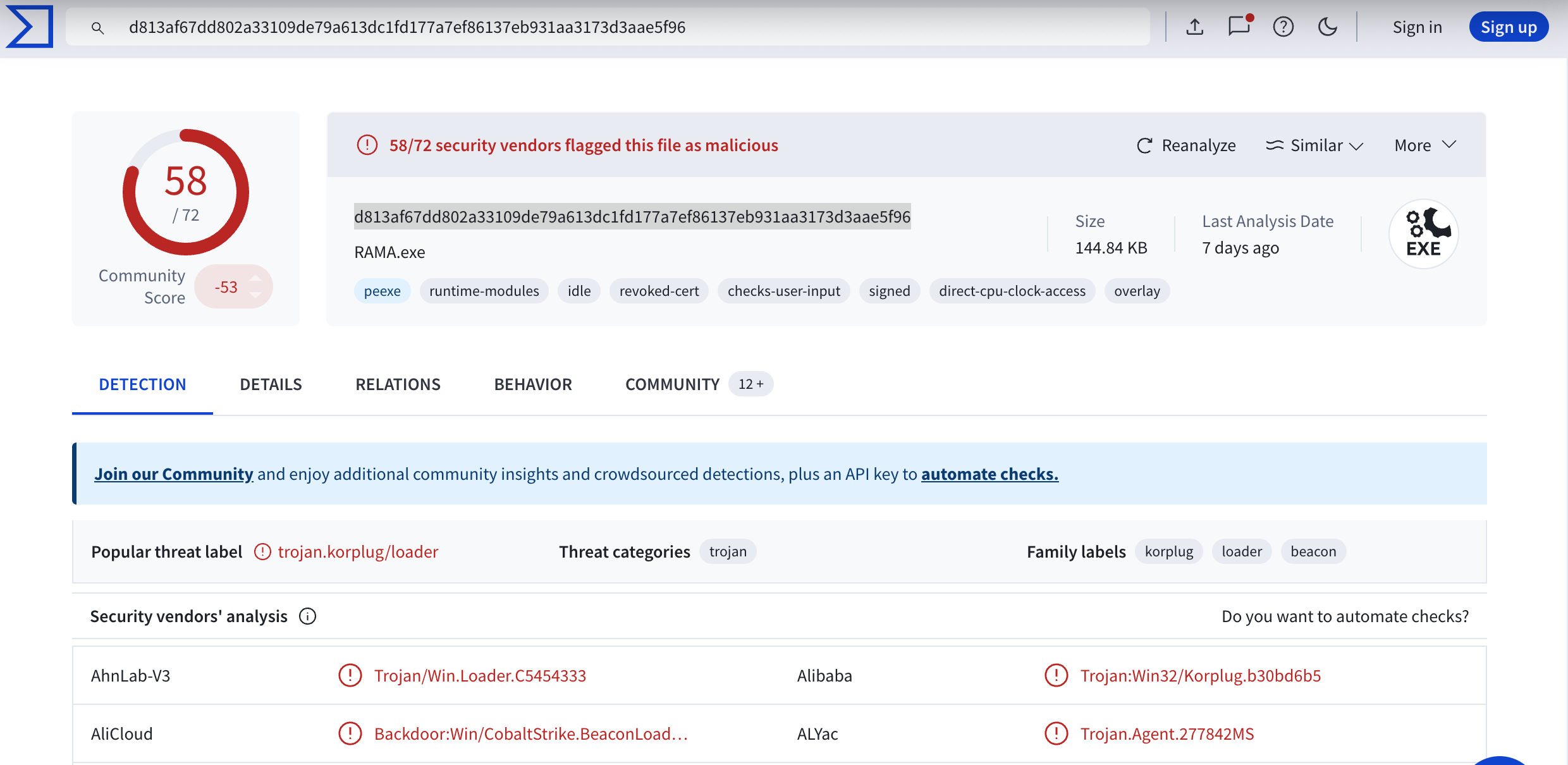 VirusTotal Results Screenshot