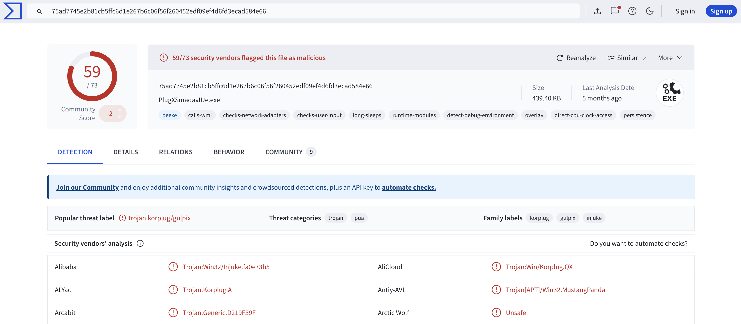 VirusTotal PlugX Results Screenshot
